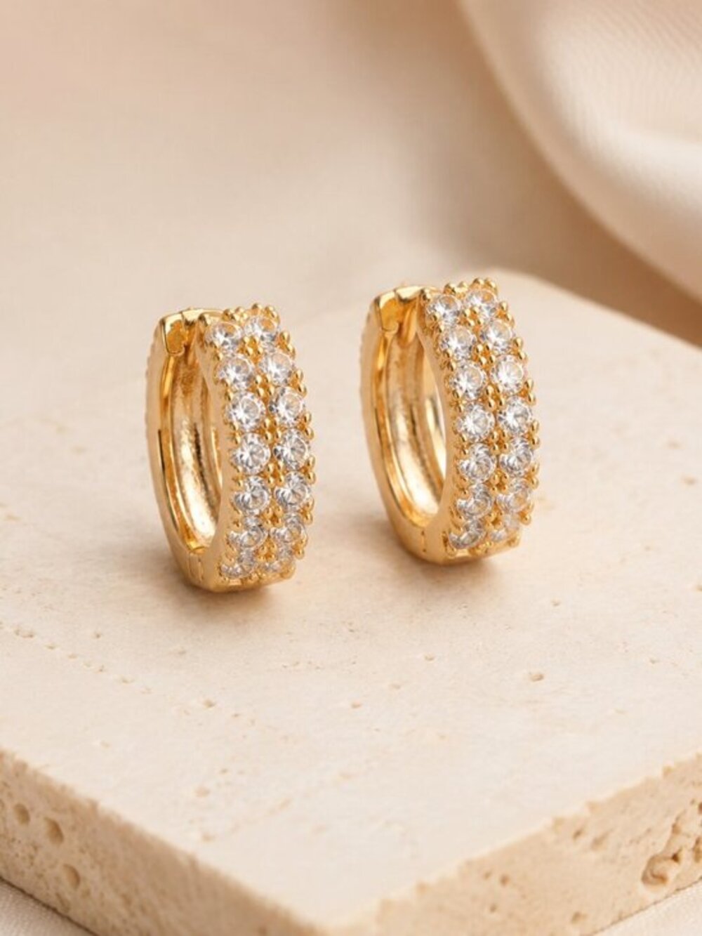 Gold Layered Double Row Pavé CZ Huggie Hoop Earrings NWT